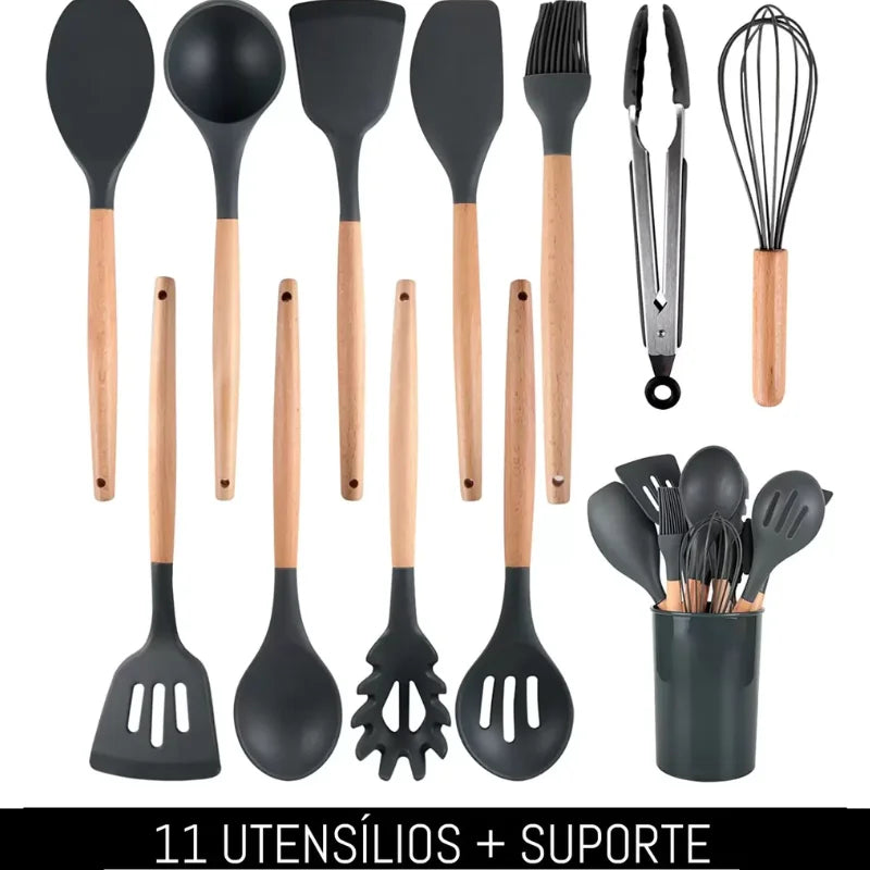 Kit Utensílios de Cozinha Cabo de Madeira, Silicone 12 Peças