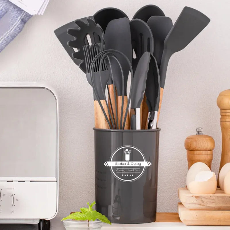 Kit Utensílios de Cozinha Cabo de Madeira, Silicone 12 Peças