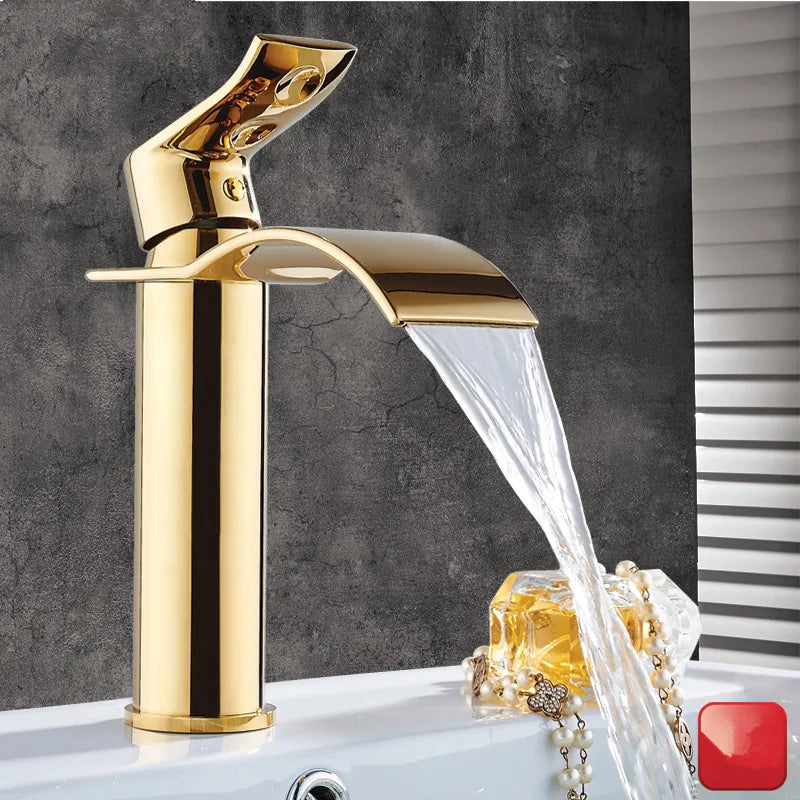 Torneira Cascata Bica Alta Banheiro - Branco e Dourado