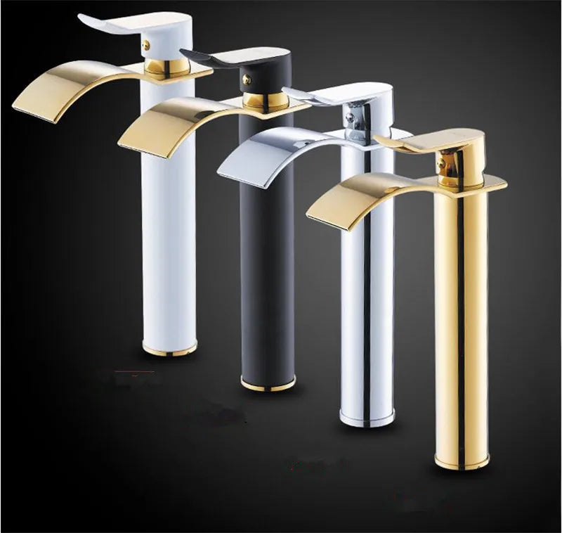 Torneira Cascata Bica Alta Banheiro - Branco e Dourado
