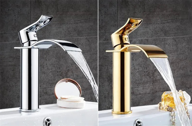 Torneira Cascata Bica Alta Banheiro - Branco e Dourado