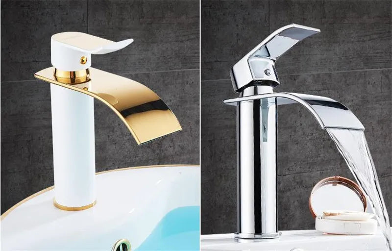 Torneira Cascata Bica Alta Banheiro - Branco e Dourado
