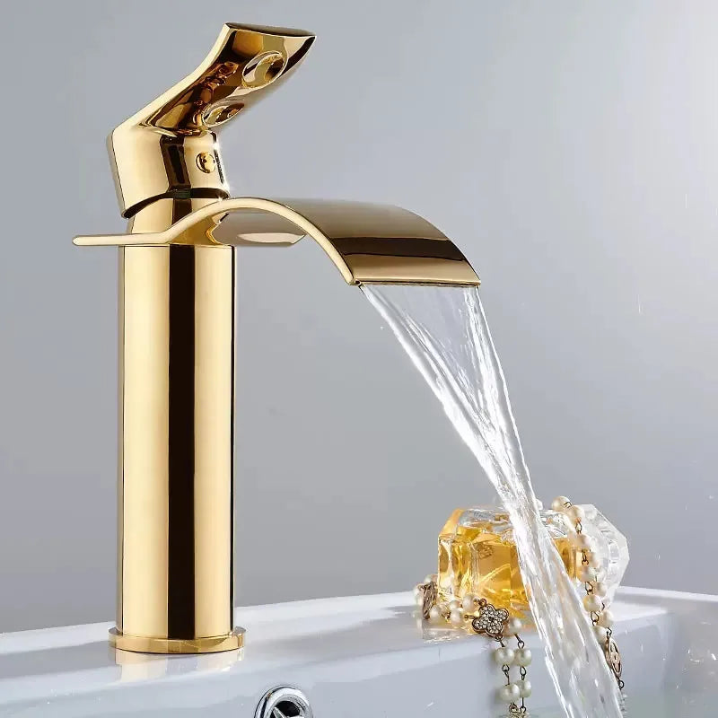 Torneira Cascata Bica Alta Banheiro - Branco e Dourado