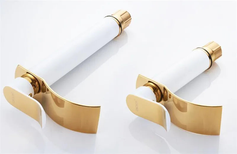 Torneira Cascata Bica Alta Banheiro - Branco e Dourado