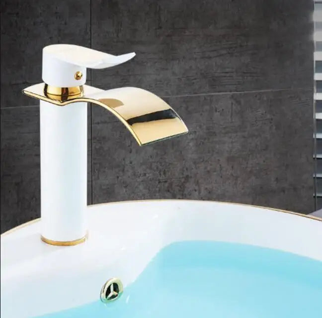 Torneira Cascata Bica Alta Banheiro - Branco e Dourado