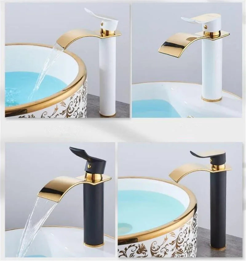 Torneira Cascata Bica Alta Banheiro - Branco e Dourado