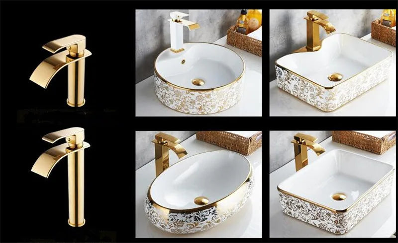 Torneira Cascata Bica Alta Banheiro - Branco e Dourado