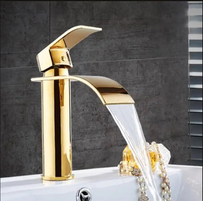 Torneira Cascata Bica Alta Banheiro - Branco e Dourado