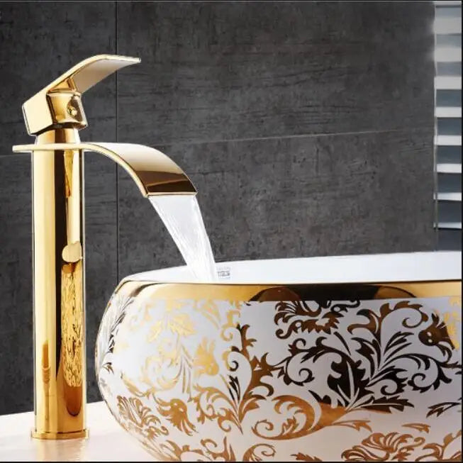 Torneira Cascata Bica Alta Banheiro - Branco e Dourado