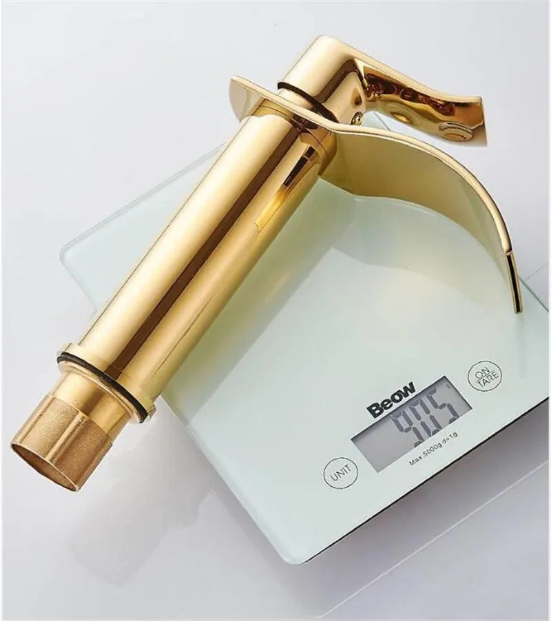 Torneira Cascata Bica Alta Banheiro - Branco e Dourado