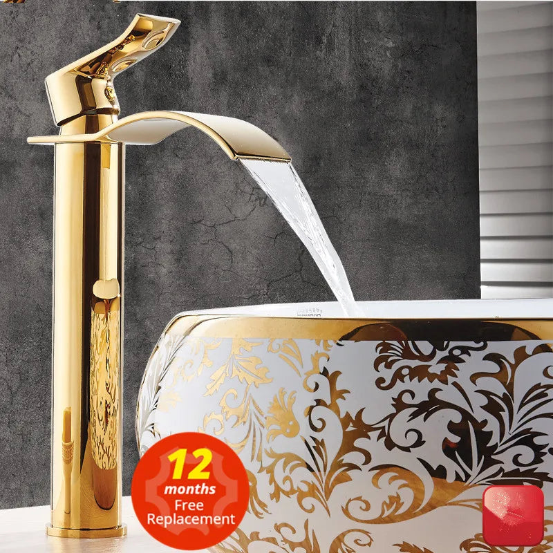 Torneira Cascata Bica Alta Banheiro - Branco e Dourado