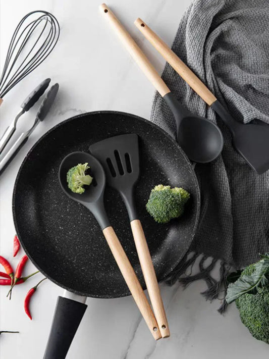 Kit Utensílios de Cozinha Cabo de Madeira, Silicone 12 Peças