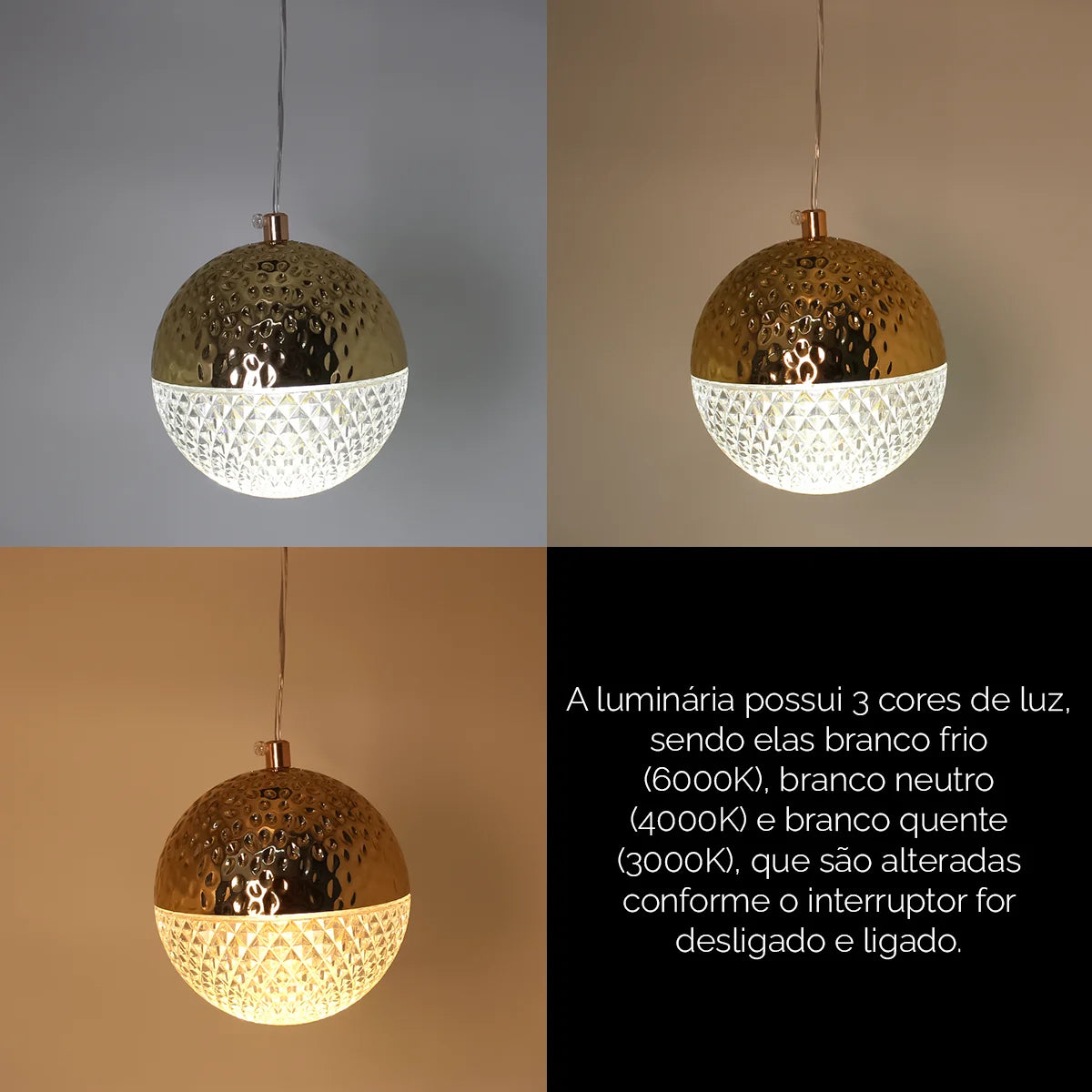 Pendente hemisphere cristal dourado