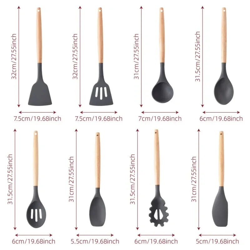 Kit Utensílios de Cozinha Cabo de Madeira, Silicone 12 Peças