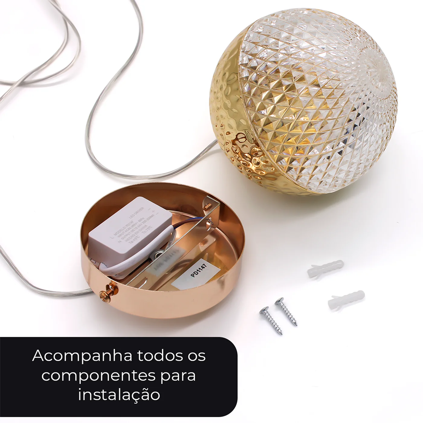 Pendente hemisphere cristal dourado