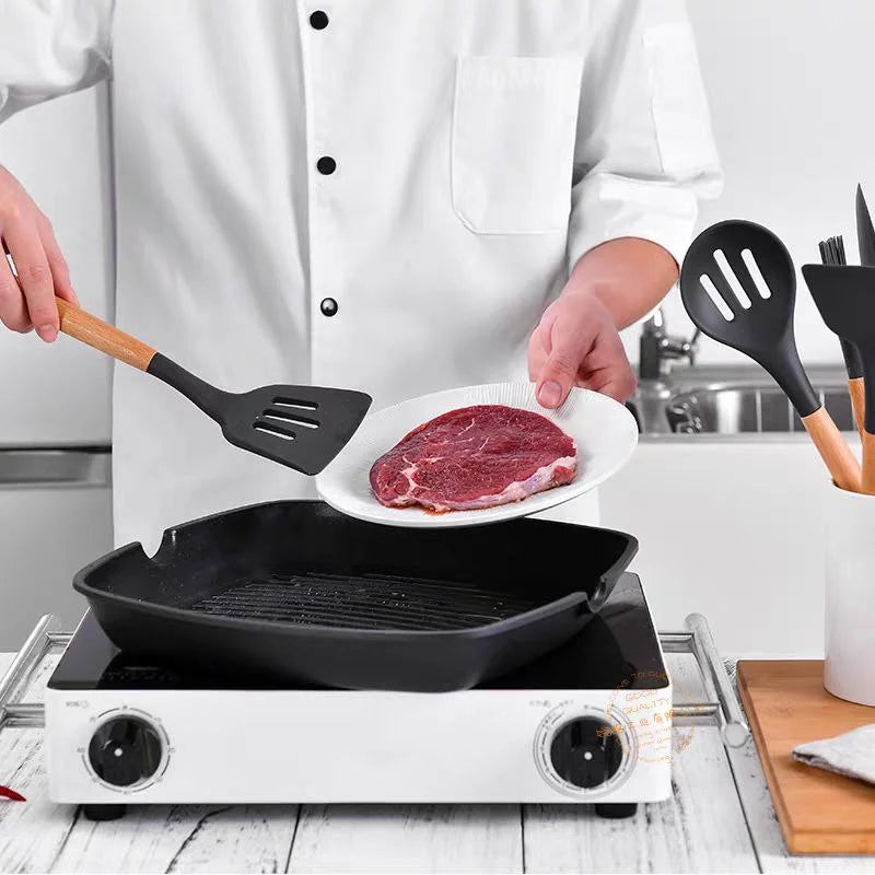 Kit Utensílios de Cozinha Cabo de Madeira, Silicone 12 Peças