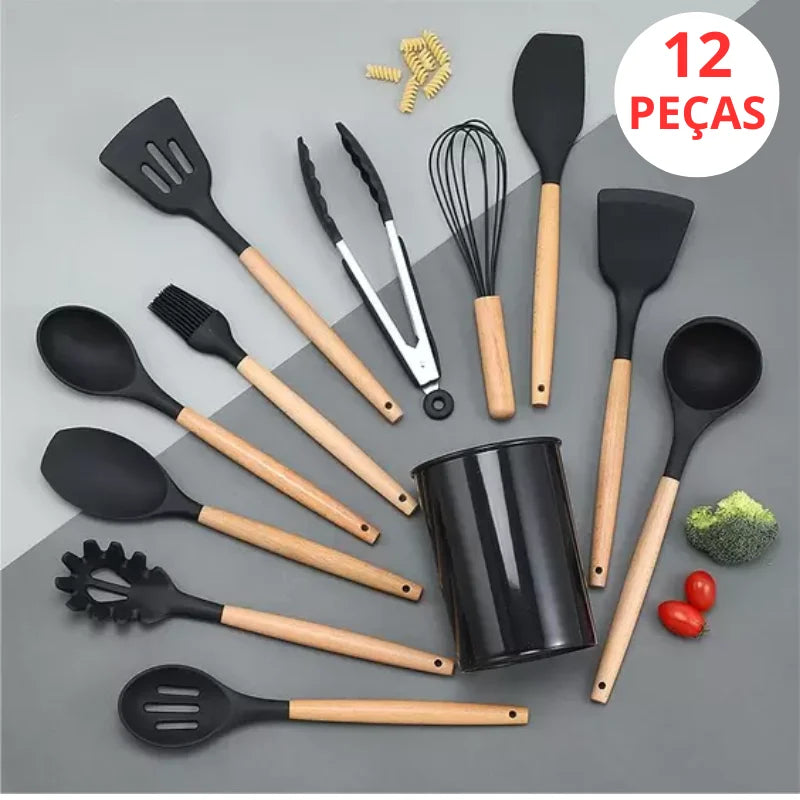 Kit Utensílios de Cozinha Cabo de Madeira, Silicone 12 Peças