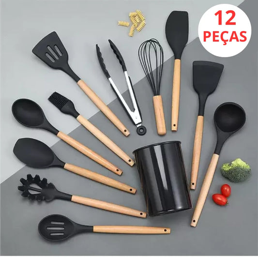 Kit Utensílios de Cozinha Cabo de Madeira, Silicone 12 Peças