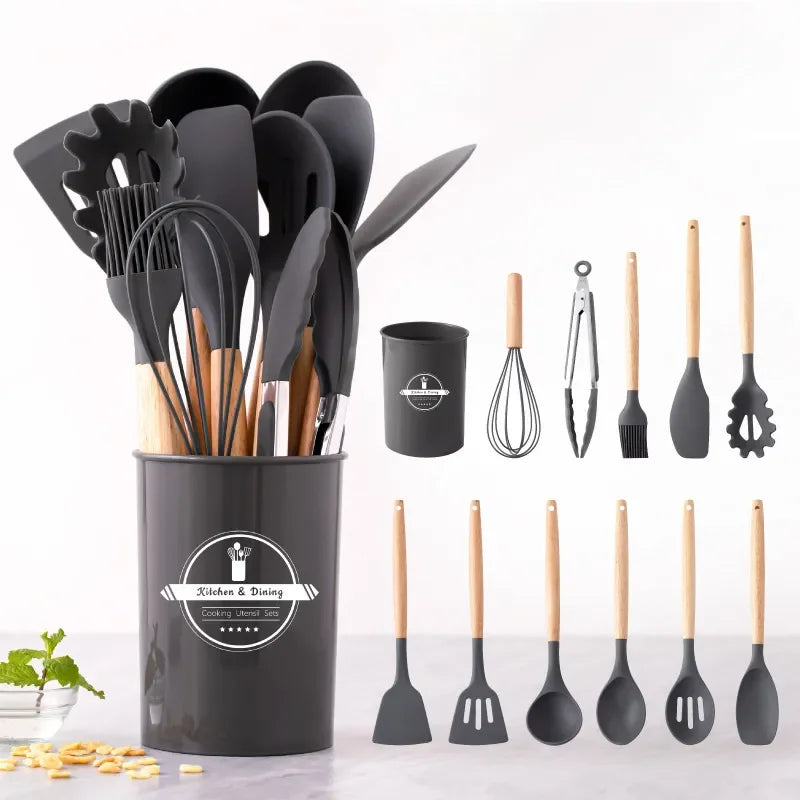 Kit Utensílios de Cozinha Cabo de Madeira, Silicone 12 Peças