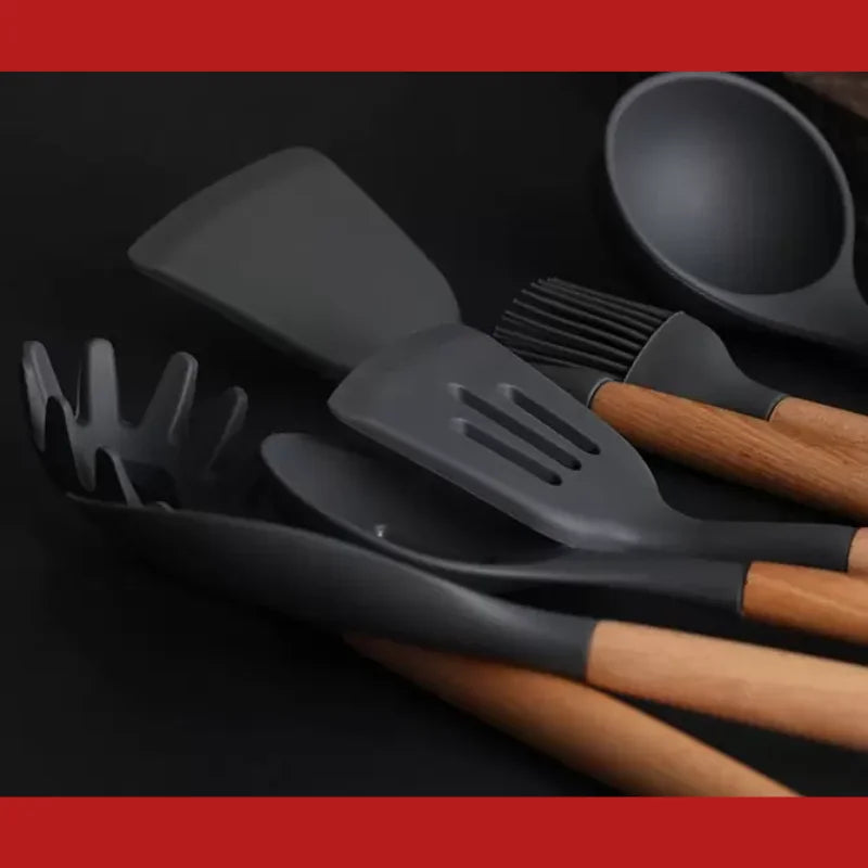 Kit Utensílios de Cozinha Cabo de Madeira, Silicone 12 Peças