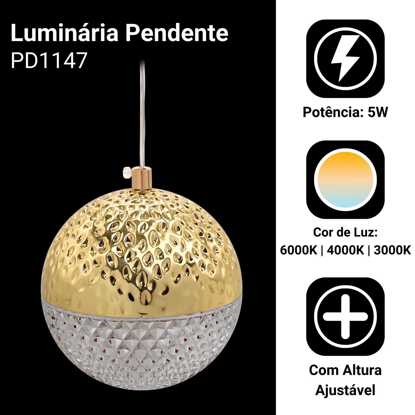Pendente hemisphere cristal dourado