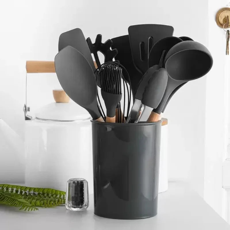 Kit Utensílios de Cozinha Cabo de Madeira, Silicone 12 Peças