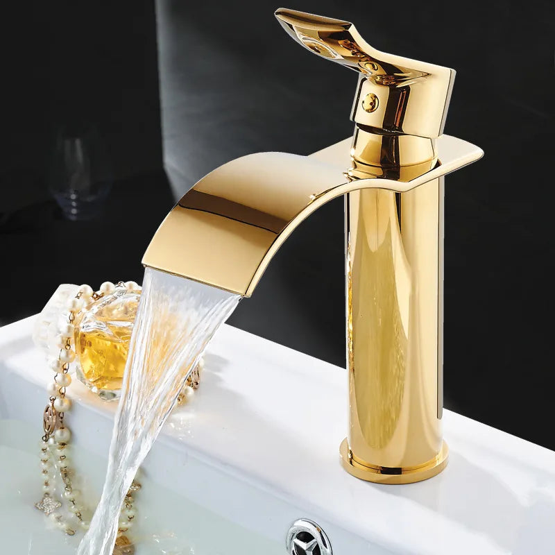 Torneira Cascata Bica Alta Banheiro - Branco e Dourado