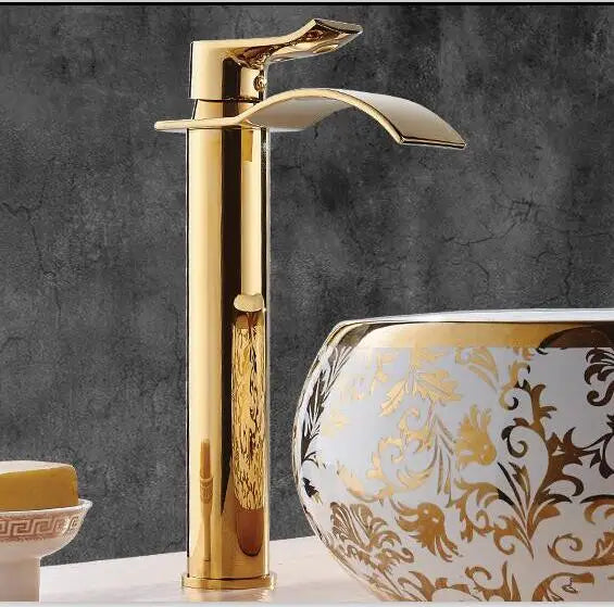 Torneira Cascata Bica Alta Banheiro - Branco e Dourado