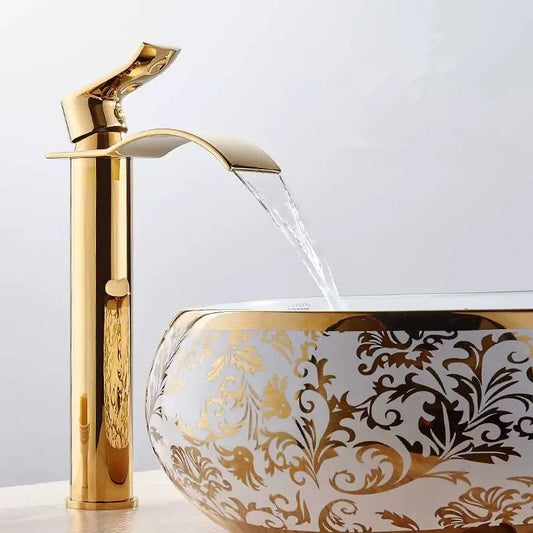 Torneira Cascata Bica Alta Banheiro - Branco e Dourado