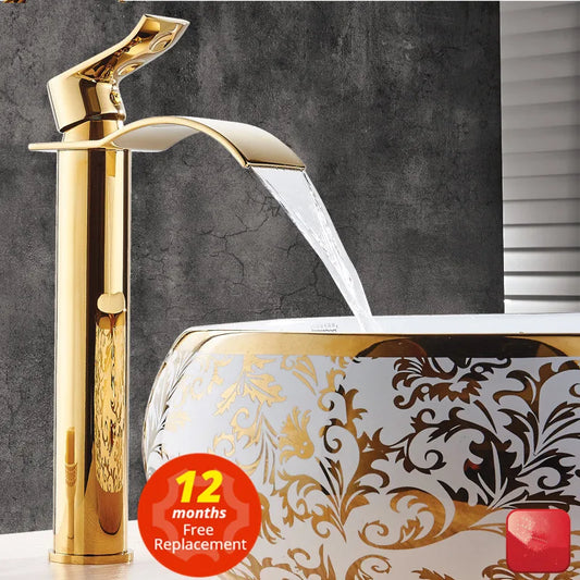 Torneira Cascata Bica Alta Banheiro - Branco e Dourado